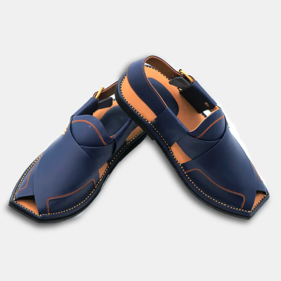 Navy Blue Peshawari Chappal Genuine Leather T Shape Charsadda Chappal