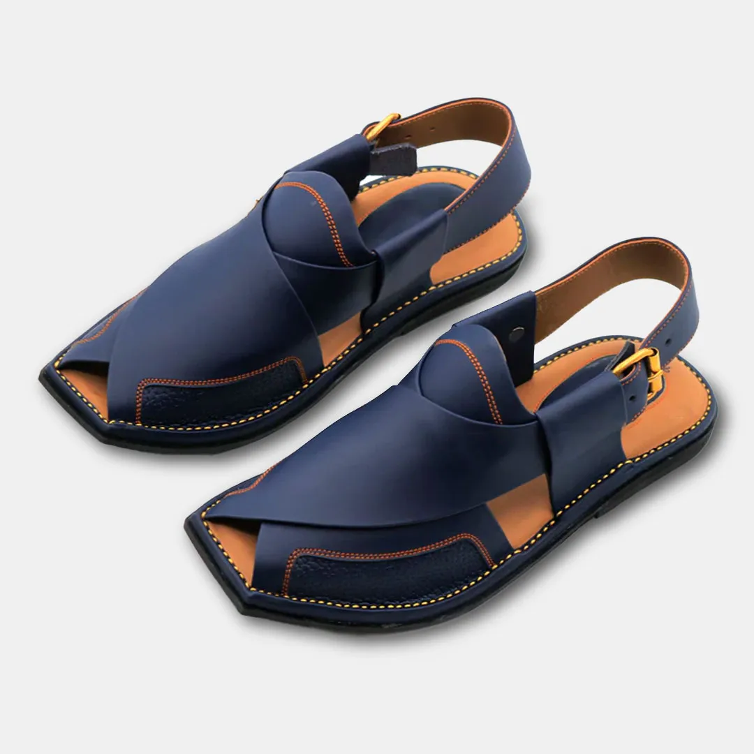 Navy Blue Peshawari Chappal Genuine Leather T Shape Charsadda Chappal